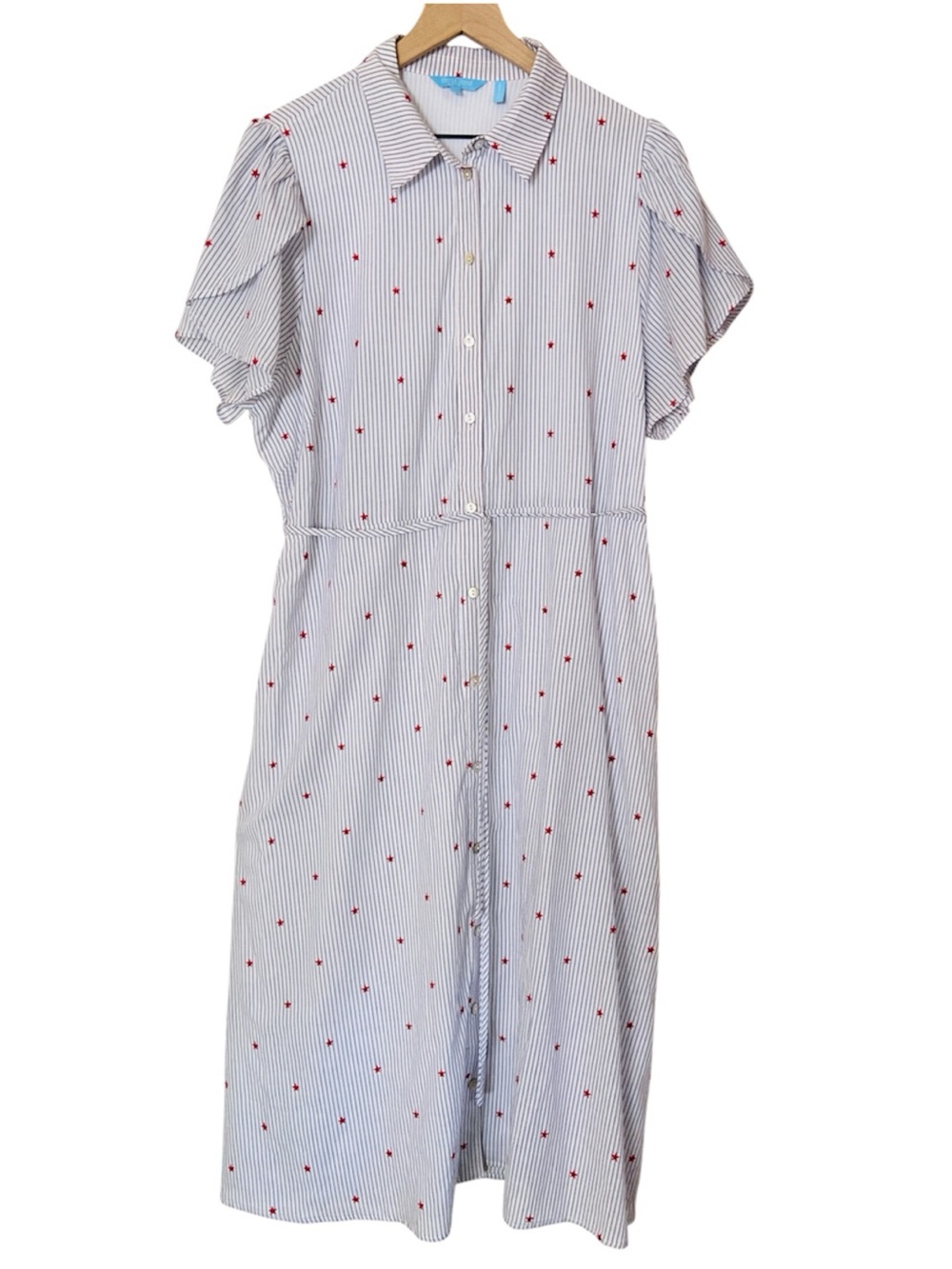 Draper James RSVP XL Blue Stripe Red Star Midi Shirt Dress Lined